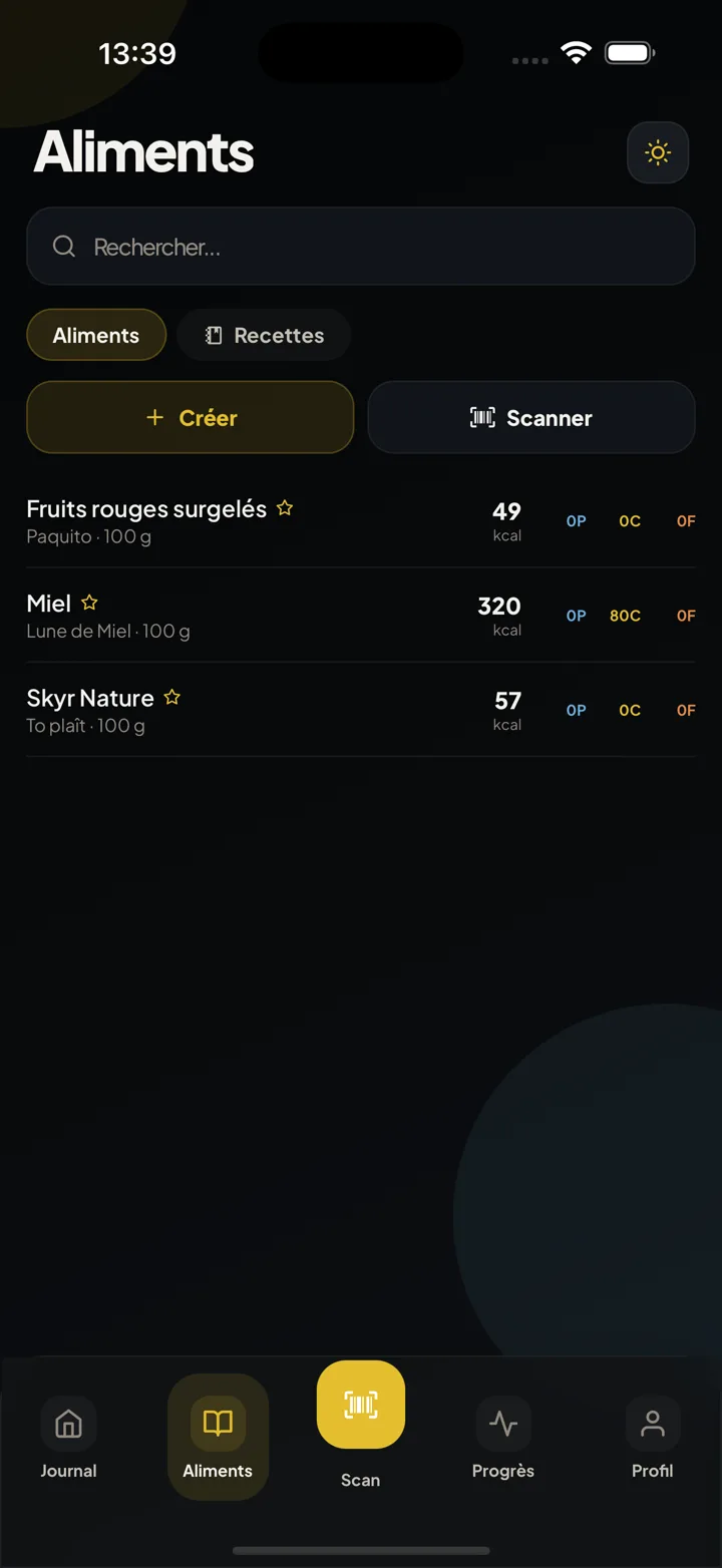 IronFlow foods screen with search, scanner and database