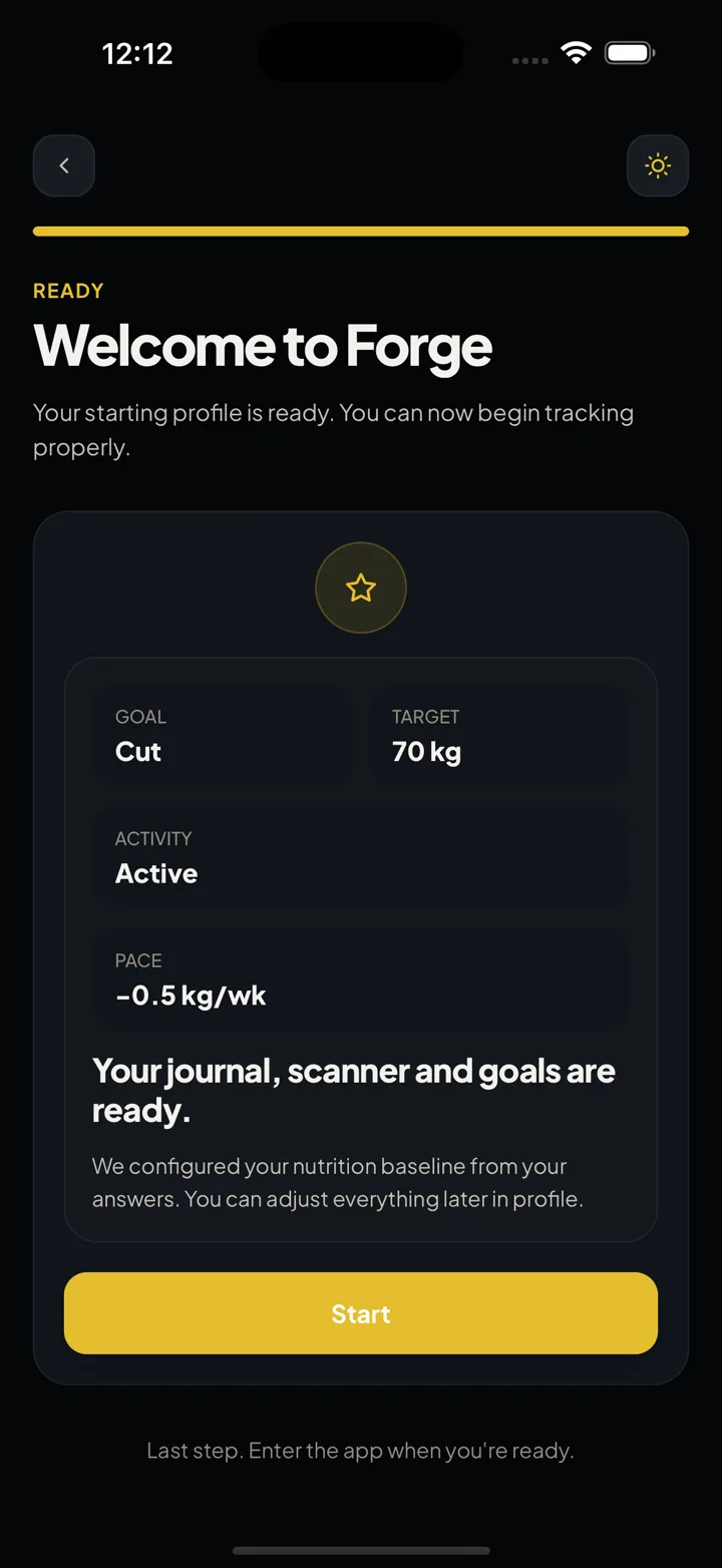 IronFlow welcome screen with goal, target and start button