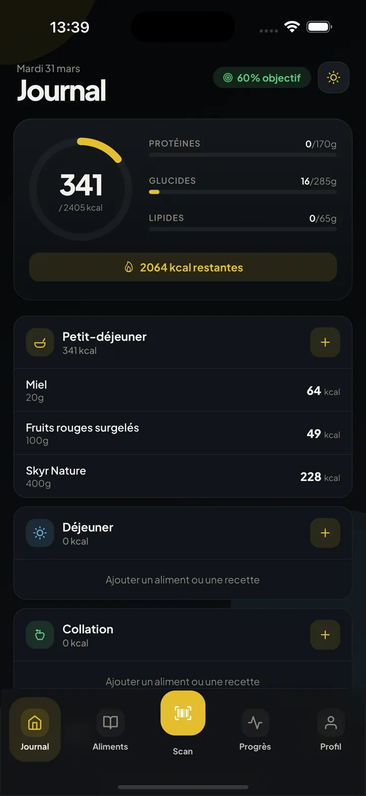 IronFlow journal screen with calories, macros and meals